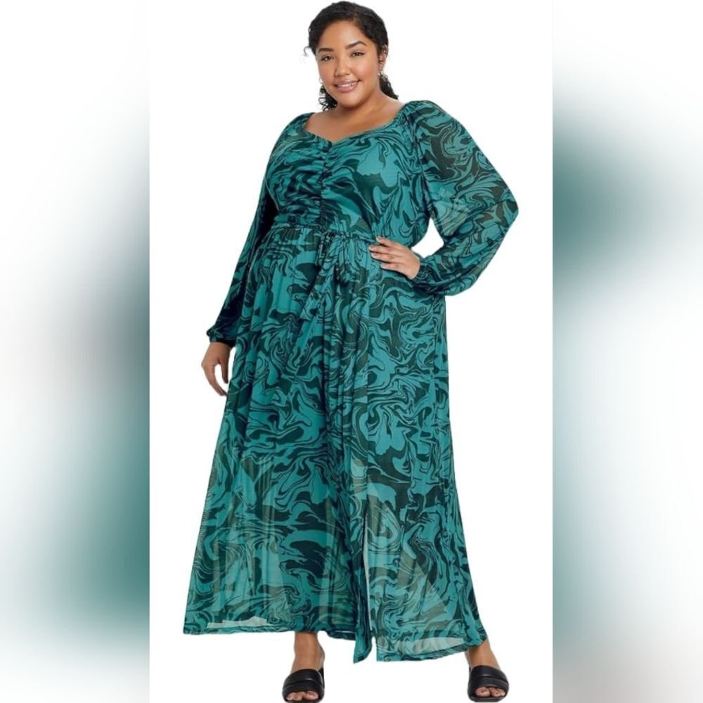 Ava & Viv Women's Plus Size Balloon Long Sleeve Cinched Mesh Dress, Size XL